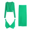 Moda verde de malha com nervuras 3 peças mulheres conjuntos y2k feriado de verão único botão solto casaco sexy underwear sutiã alta cintura saia 211007