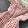 Deat Women Beach Style Lace Ruffles Suspender Dress Solid Färg V-Neck Open Back Slim Fashion Spring Summer 11B721 210709
