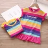 Children Clothing Casual Cotton Toddler Girls Dress Summer Knee Length Pleated Striped Rainbow Dress Kids Dresses for Girls 210713