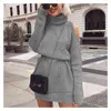 Turtleneck Knitwear Women's Dresses Autumn Casual Fashion Office Lady Off Shoulder Female Winter Long Sleeve Midi Sweater Dress G1214