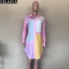 Koszula z długim rękawem Sukienka Turn-Down Collor Kolorowe Patchwork Button Kobieta Streetwear Casual Chic Moda Mini Lato 210515