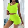 Conjunto de 2 piezas de color sólido de rejilla para mujer, camisetas casuales de manga corta, pantalones cortos bodycon, conjunto de mono mamelucos