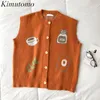 Kimutomo våren stickad väst tecknad o-nacke ärmlös singel breasted waistcoat väst kvinnor koreansk chic elegant 210521