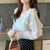 Outono coreano flare manga longa quadrado colarinho frouxo camisa branca ruffles macacão magro para mulheres vintage ropa de mujer 10695 210528