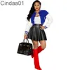 Women Tracksuits Two Piece Set Designer Splicing Baseball Uniform Suit Jacket Crimped Pleated Leather Short Skirt Suit 5 Colours