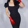 5本の指の手袋2021ミディアムおよびロングスタイルの革28cmエミュレーションシープスキンエラスティックPU女性クリスマスチャイニーズレッドPU55
