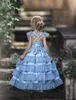 Niebo Niebieski Piękny Kwiat Girl Dress Criss Cross Paski Niestandardowe Suknie Urodzinowe Rękawy Square Collar Page Comar Communion Sukienki