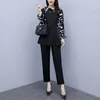 L-5XL Herfst Zwart Tweedelige Sets Outfits Dames Plus Size Flare Sleeve Tops en Broek Past Korean Elegant 210513