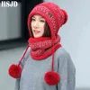 Winter Women's Knitted Hat Mixed Color Scarf 2pcs Set Warm Plush Lining Skullies Beanies Hats with 3 Balls Pompom Ear Cap Female