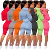 Vrouwen Lange Mouwen Trainingspakken Tweedelige Set Solid Color Rits Jacket Shorts Outfits met Pocket Dames Zomer en Herfst Sportwear 0721