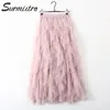 Surmitro oregelbunden tulle kjol kvinnor vår sommar koreansk elegant hög midja pläterad kvinnlig a-line lång maxi 210421