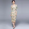 Elegant Party Dress 2021 Summer High Waist Tight Mid-Calf Puff Sleeve Small Folds Elasticity Vintage Floral Mesh Women Casual Dresses