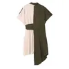[EAM] Women Green Striped Irregular Big Size Dress Lapel ShortSleeve Loose Fit Fashion Spring Summer 1DD6109 210512