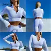 Liooil Sexy Due Pezzi Stretto Set Donna Tuta Zip Up Crop Top E Pantaloni Lunghi Coulisse Nero Bianco Tuta Completi Y0625