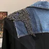 Лоскутное попадание цветного пальто для женщин отворота с длинным рукавом джинсовые аппликации сетки съемные свободные пальто женские мода одежда 210531