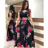 Vrouwen korte mouwen uitgehold O-hals lange jurk zomer floral print hoge taille elastische elegante boho robe maxi dreses plus size x0521