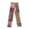 2021 New Spring Women Patchwork Utskrift Satin Straight Pants Casual Lady Loose Byxor P Q0801