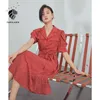 Fansilanen Office Lady French Retro Floral Red Long Dress Dames Summer Style Puff Sleeve V-hals thee pauze 210607