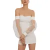 Kvinnor Pencil Dress Puff Sleeve Transparent Solid Färg Off-The-Shoulder Mesh Slim Elegant Ladies Mini Kläder 210522