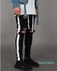 Designer-New Fashion Mens Jean Street Black Holes White Stripes Jeans Hiphop Skateboard Pencil Pants