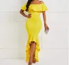 2022 Yüksek Düşük Mermaid Abiye Ruffles Omuz Kapalı Altın Sarı Afrika Kadınlar Uzun Balo Elbise Vestidos