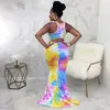 Casual Dresses Rainbow Tie Dye Print Summer Mermaid Long Dress Women Sleeveless Back Cut Out Party Elegant Female Bandage Bodycon277Z