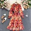 LOVEFLOWERLIFE Speing Autumn Cópia Casual Uma linha Vestido Sleeve Pedro Peter Pan Collar Meados de Cintura Alta Cintura Mulheres Vestidos 210521