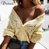 DICLOUD Blue Hollow Out Women's Cardigans Autumn Winter Round Neck Button Up Knitted Sweaters Ladies Fashion Knitwear 210922