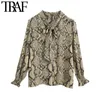 TRAF Women Fashion Snake Print Ruffled Loose Blouses Vintage Bow Tied Collar Long Sleeve Female Shirts Chic Tops 210415