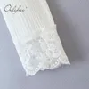 Verão Mulheres Camisa Manga Longa Laço Branco Crochet Curto Blusa Tops 210415