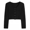 Shoulder Pads Exposed Clavicle O-neck Cardigan Slim Blouses Women Long Sleeve Solid Black Knitted Bottoming Short Tops 11911 210508