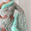 Illusion Mermaid Prom Dresses 3D Floral Appliques Fur Evening Gowns Side Split Long Sleeve Formal Party Dress vestido de novia