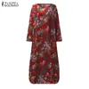 ZANZEA Mujeres Maxi Vestido largo 2021 Vintage Vestidos de estampado floral Bolsillos de manga larga Casual Vestidos sueltos Tallas grandes Bohemia Robe X0521