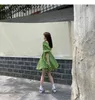 Elegant Green Plaid Party Women Slim V Neck Lantern Sleeve Work Casual Dress Female Summer Street Style Dresses Vestido 210514