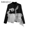 Hit Color Patchwork Ruffle Blazer For Women Notched Long Sleeve Casual Korean Blazers Female Fashion Clothing 210524