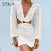 FSDA 2021 Stricken Streifen Langarm Kleid Strand Backless Sommer Aushöhlen Frauen V-ausschnitt Sexy Party Mini Kleider Casual weiß Y0603