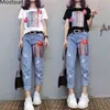 여름 두 조각 세트 여성 플러스 크기 짧은 소매 스팽글 티셔츠와 데님 찢어진 청바지 정장 캐주얼 여성 M-5XL 210513