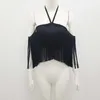 Women Summer Tops Sexy Tassel Halter White Black Bandage Fashion Rayon Designer High Street Party Crop 210527