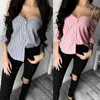 Kvinnor damer sommar långärmad blus modebandskjorta lös sexig av axelknappen Casual Stripe Blouse Toppar SHIRT S -XL H1230