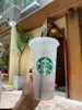 Starbucks Mermaid Goddess 24 unz/710 ml plastikowe kubki kubka wielokrotnego użytku przezroczyste picie płaskiego dolnego filaru Kształt Słoma