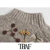 TRAF Women Fashion With Beading Embroidery Cropped Knitted Sweater Vintage Lantern Sleeve Female Pullover Chic Tops 210415