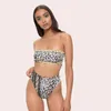 Damen-Bademode, sexy Damen-Bikini-Set mit Leopardenmuster und hoher Taille, trägerloser Bandeau-Push-up-BH, Badeanzug, Strandkleidung