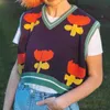Mignon imprimé fleuri tricoté pull gilet femmes Preppy Style Y2K Vintage vêtements Patchwork rayé pull gilet femme tricots Y0825