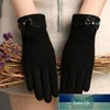 Winter Women Touch Screen Suede Leather Plus Velvet Full Finger Warm Mittens Female Cashmere Bow Sport Cycling Driving Glove H80 Factory price expert design Quality