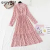 French Pleated Basic Dress Dot Floral Print Spring Autumn Robes Ladies Single Breasted Ruffles Stand Collar Vestidos 210601