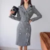 Autumn Vintage Classic Houndstooth Charming Ruffles Bodycon Pencil Dress Fashion Chic Double Breasted Korean with sashes 210529