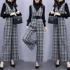 Fashion women's suit autumn and winter woolen plaid jumpsuit wide leg + knitted bottoming shirt two-piece set 210520