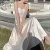 Summer Women Satin Slip Spaghetti Strap Backless See przez Sexy White Long Beach Party Dress 210415