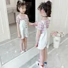 Roupas de crianças arco-íris desblinhado tshirt + roupas de macacão para meninas verão tracksuit menina estilo casual garoto 6 8 10 12 14 210528