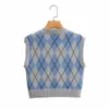 Argyle Gebreide trui Vest Vrouwen Mouwloze V-hals Casual Streetstyle Kaki Herfst Winter Blauw 210427